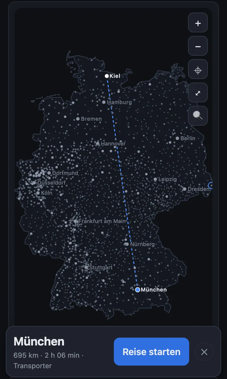 Deutschlandkarte mit einer Route von Kiel nach München, 695 Kilometer